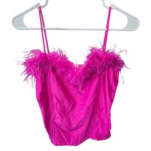 Feather Trim Magenta Satin Corset Top - Chocolate - Small